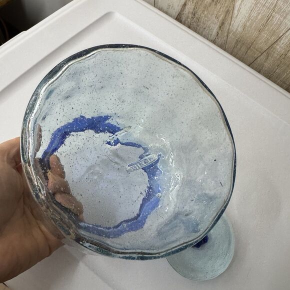 Hand Blown Glass Canister Mexico with lid Blue Rim Biscuit Cookie Jar 6”x4” Farm - Picture 8 of 16